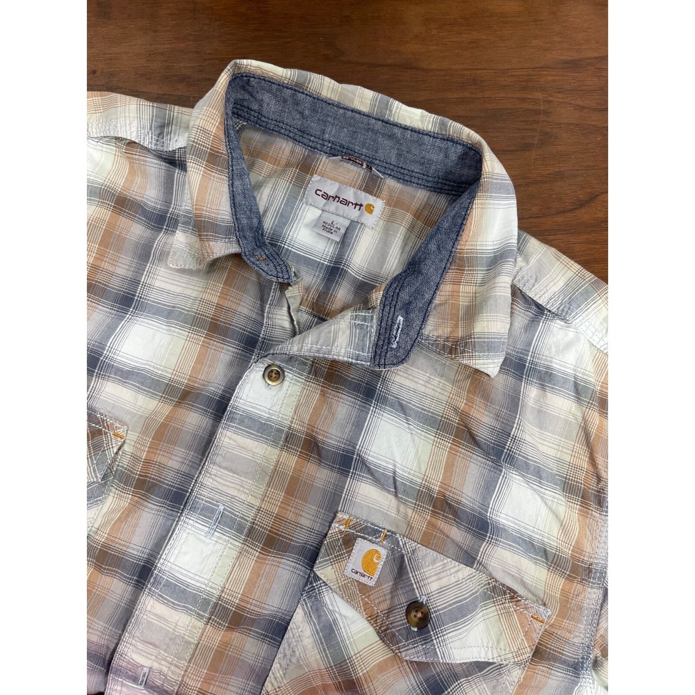 Carhartt Shirt Mens LG Loose Fit Midweight Short Sleeve Plaid Grey Workwear EUC